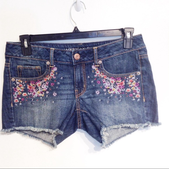 floral embroidered denim shorts
